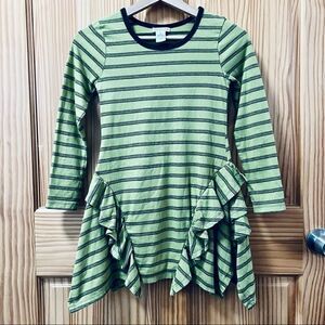 Mimi & Maggie green striped ruffle skirt long sleeve knit cotton dress medium M